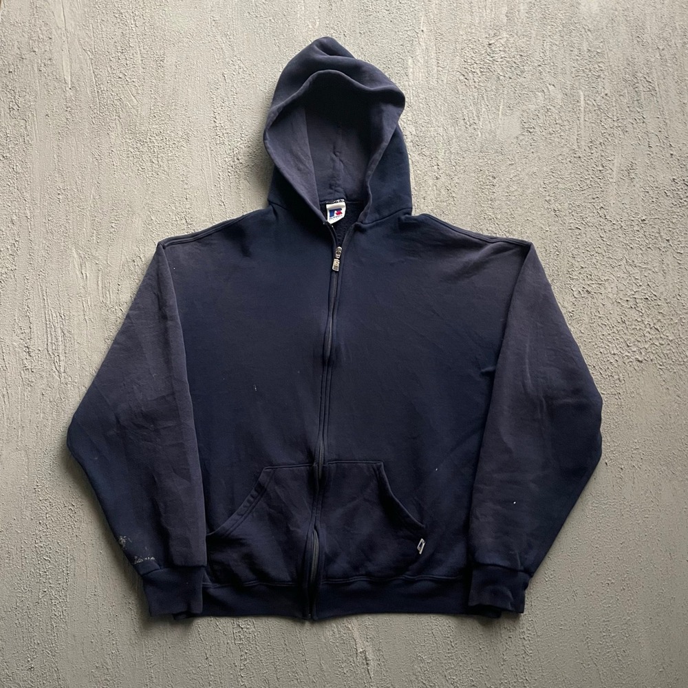 Vintage blank Russell Athletic Full Zip Hoodie Men Large Navy Blue 90s